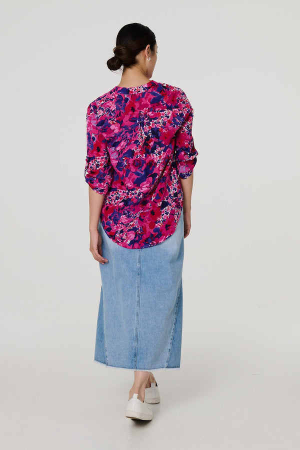 Pink | Floral 3/4 Sleeve Collarless Blouse