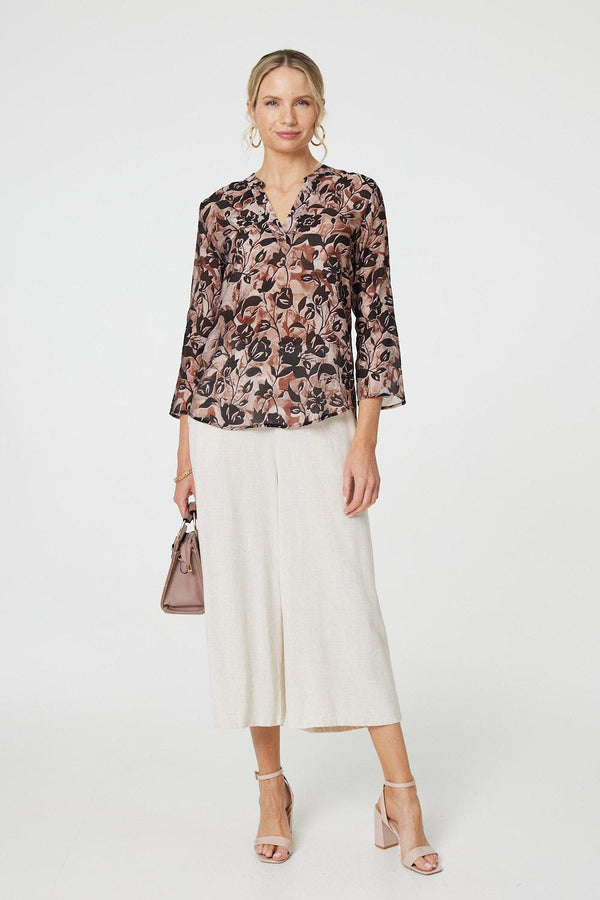 Beige | Floral 3/4 Sleeve Curve Hem Blouse
