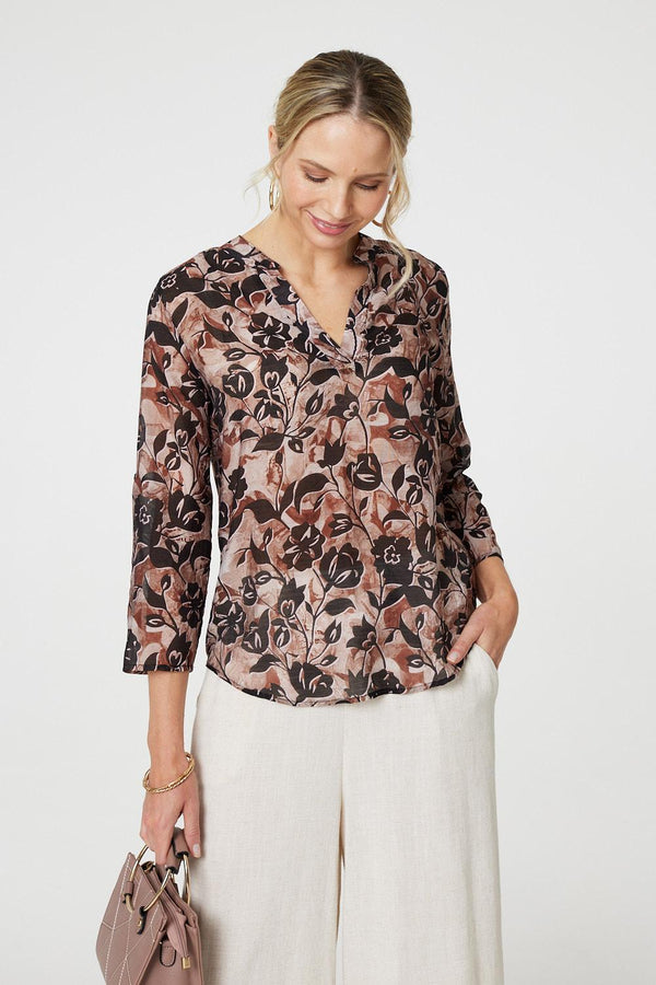 Beige | Floral 3/4 Sleeve Curve Hem Blouse
