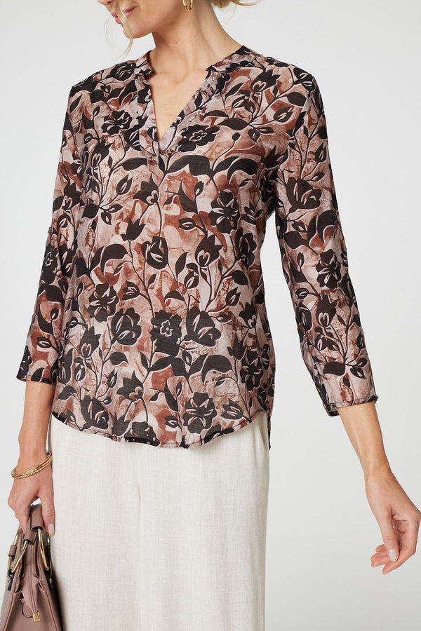 Beige | Floral 3/4 Sleeve Curve Hem Blouse
