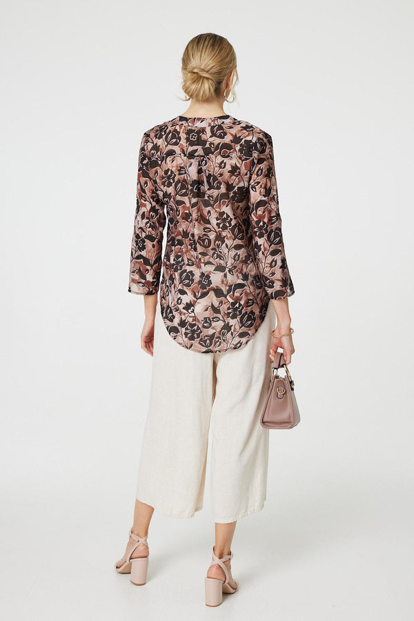 Beige | Floral 3/4 Sleeve Curve Hem Blouse
