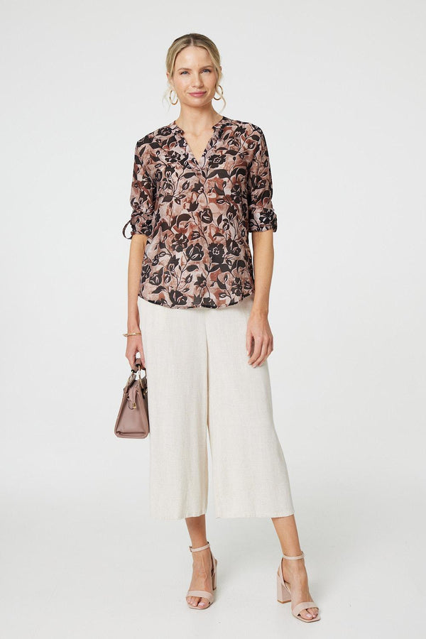 Beige | Floral 3/4 Sleeve Curve Hem Blouse
