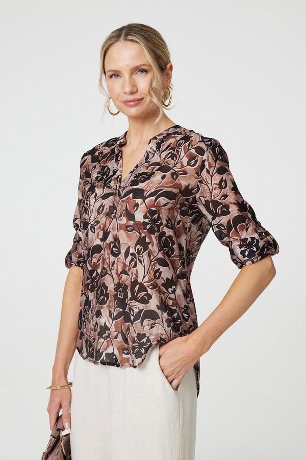 Beige | Floral 3/4 Sleeve Curve Hem Blouse
