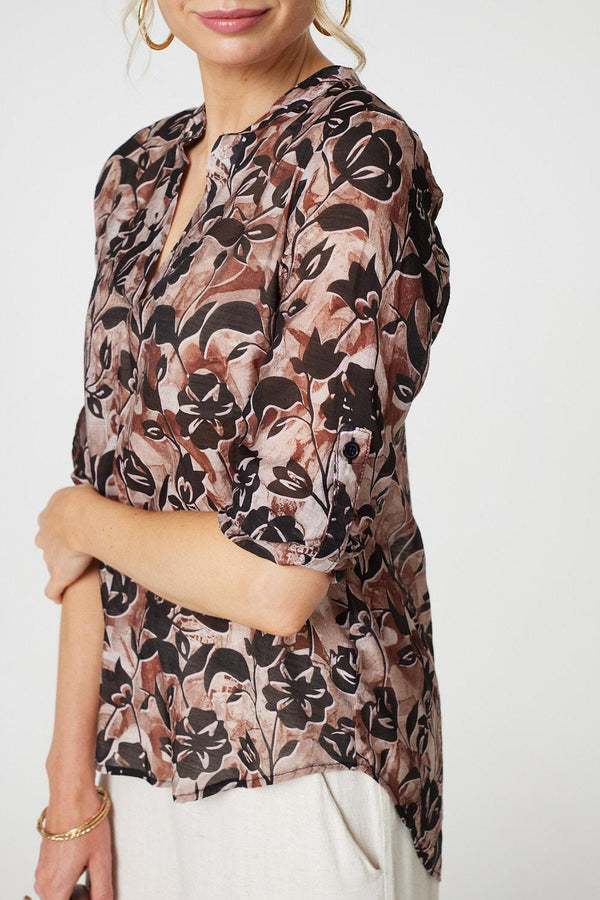 Beige | Floral 3/4 Sleeve Curve Hem Blouse
