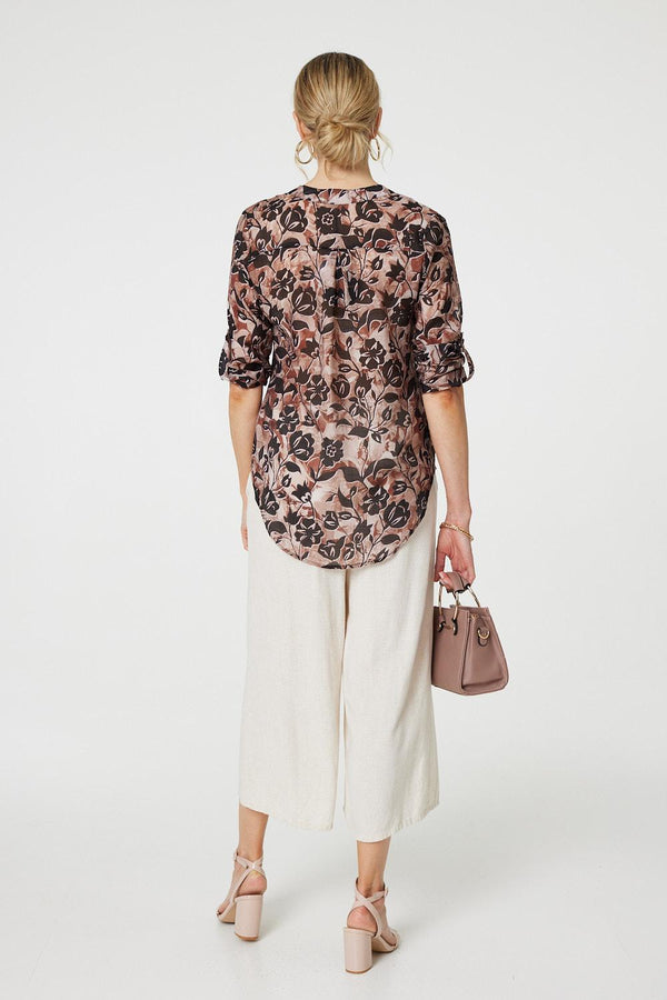 Beige | Floral 3/4 Sleeve Curve Hem Blouse
