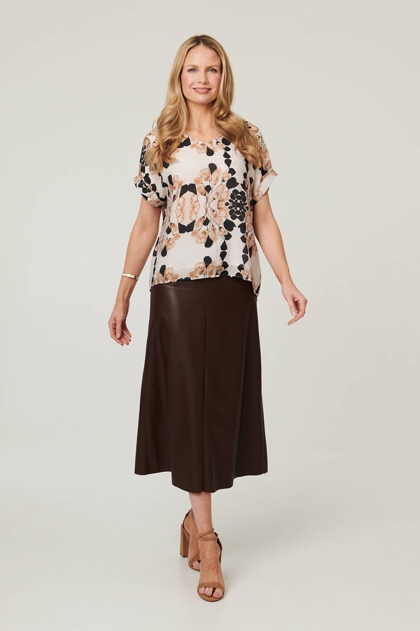 Beige | Floral Short Turn-Up Sleeve Relaxed Top