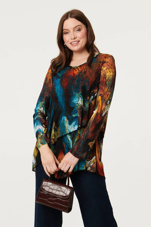 Red | Abstract Asymmetric Long Sleeve Blouse