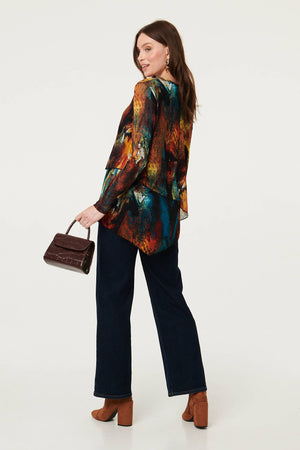 Red | Abstract Asymmetric Long Sleeve Blouse