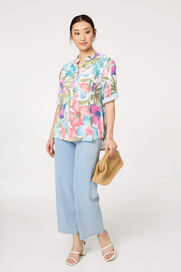 White | Floral Turn-Up Sleeve Relaxed Blouse