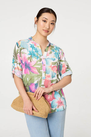 White | Floral Turn-Up Sleeve Relaxed Blouse