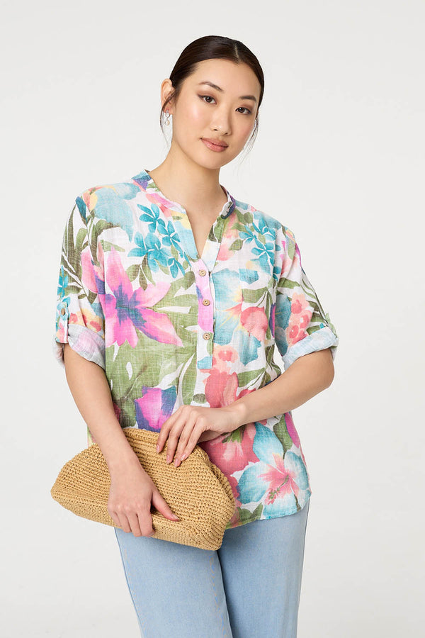 White | Floral Turn-Up Sleeve Relaxed Blouse