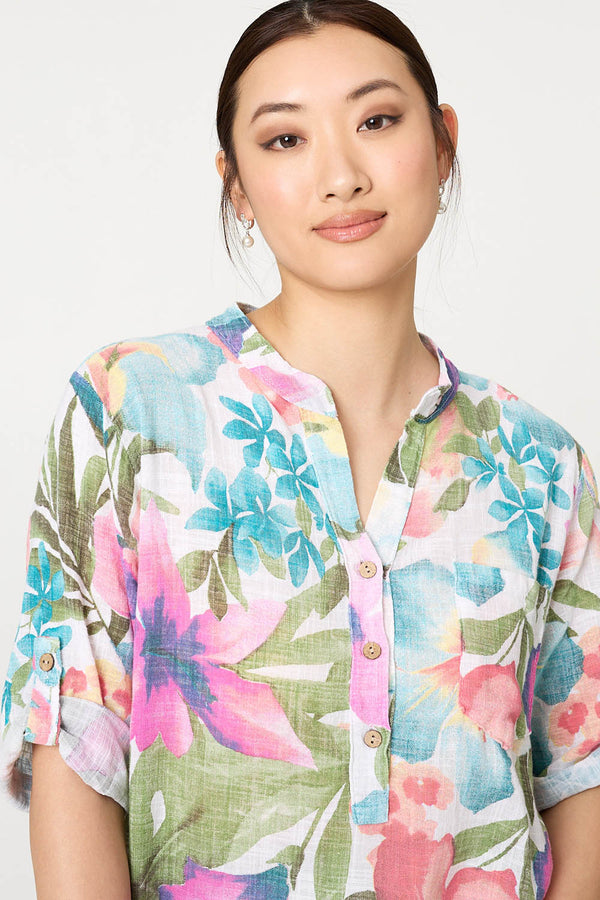 White | Floral Turn-Up Sleeve Relaxed Blouse