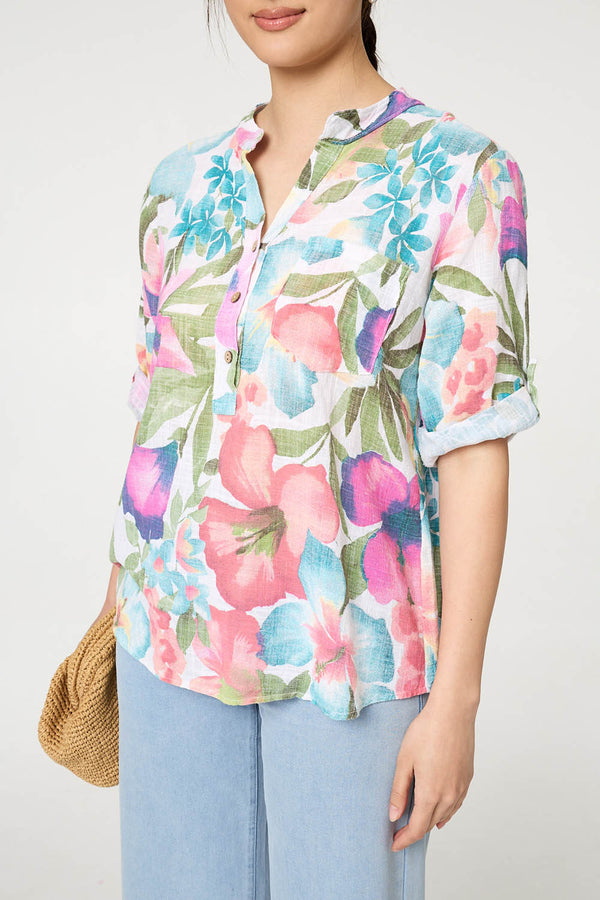 White | Floral Turn-Up Sleeve Relaxed Blouse