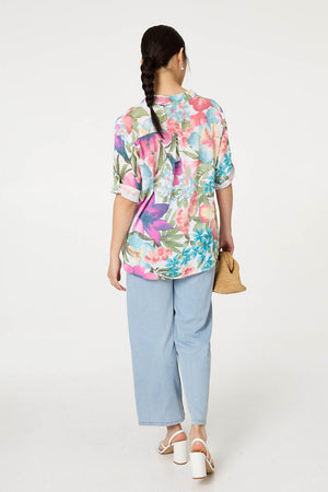 White | Floral Turn-Up Sleeve Relaxed Blouse