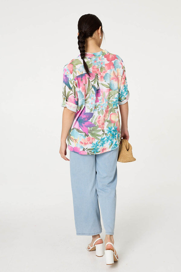 White | Floral Turn-Up Sleeve Relaxed Blouse