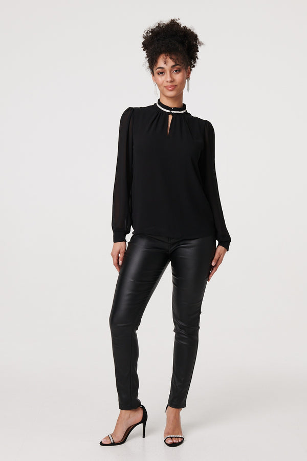 Black | Sparkle Trim High Neck Semi Sheer Blouse