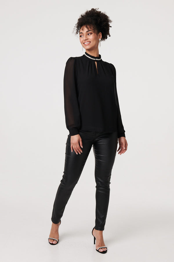 Black | Sparkle Trim High Neck Semi Sheer Blouse