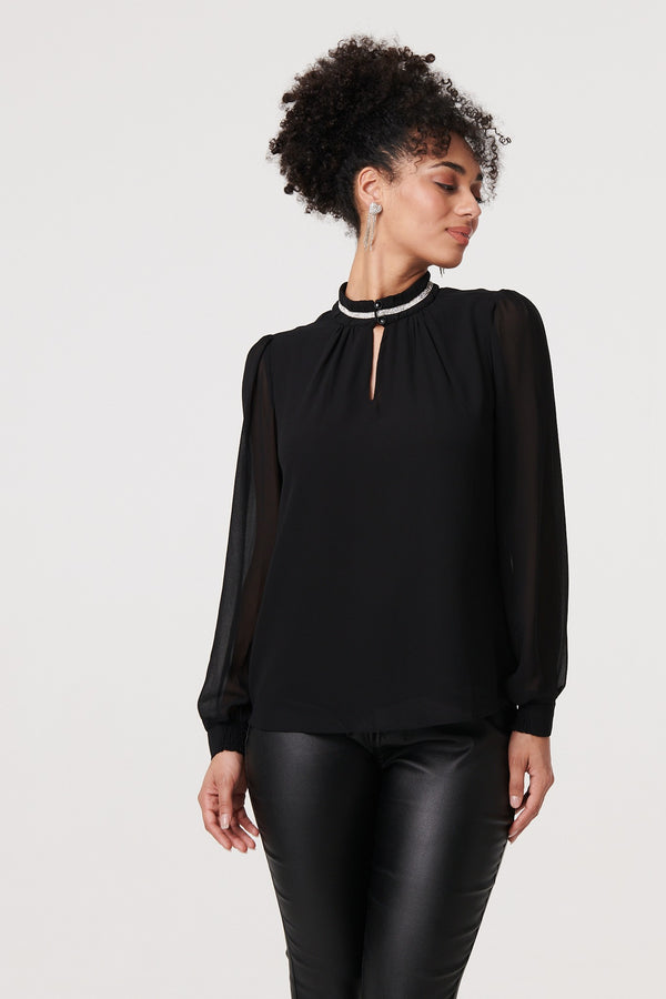 Black | Sparkle Trim High Neck Semi Sheer Blouse