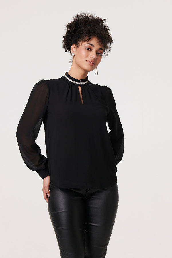 Black | Sparkle Trim High Neck Semi Sheer Blouse
