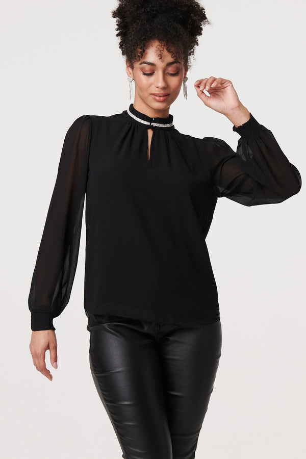 Black | Sparkle Trim High Neck Semi Sheer Blouse