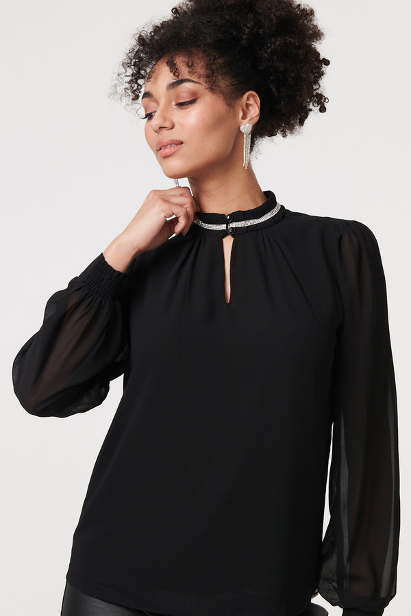 Black | Sparkle Trim High Neck Semi Sheer Blouse