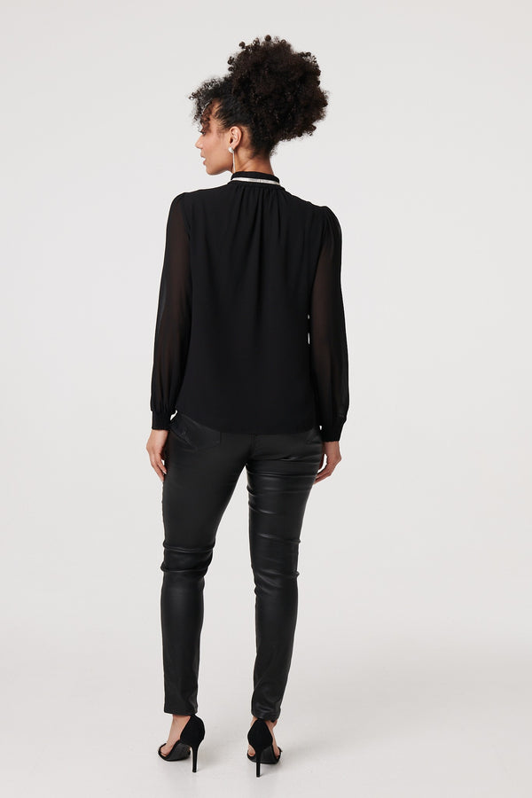 Black | Sparkle Trim High Neck Semi Sheer Blouse