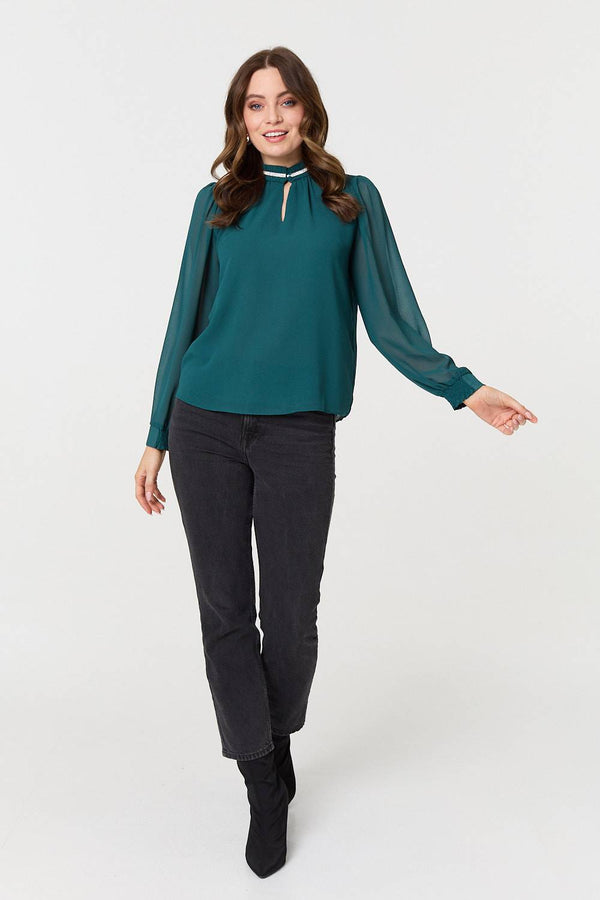 Green | Sparkle Trim High Neck Semi Sheer Blouse