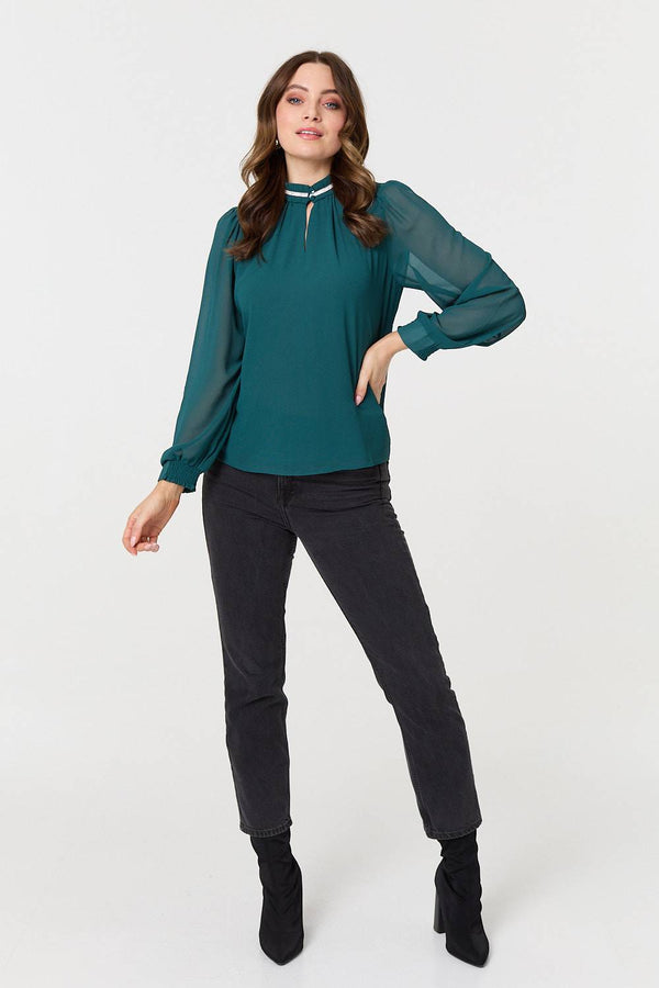 Green | Sparkle Trim High Neck Semi Sheer Blouse