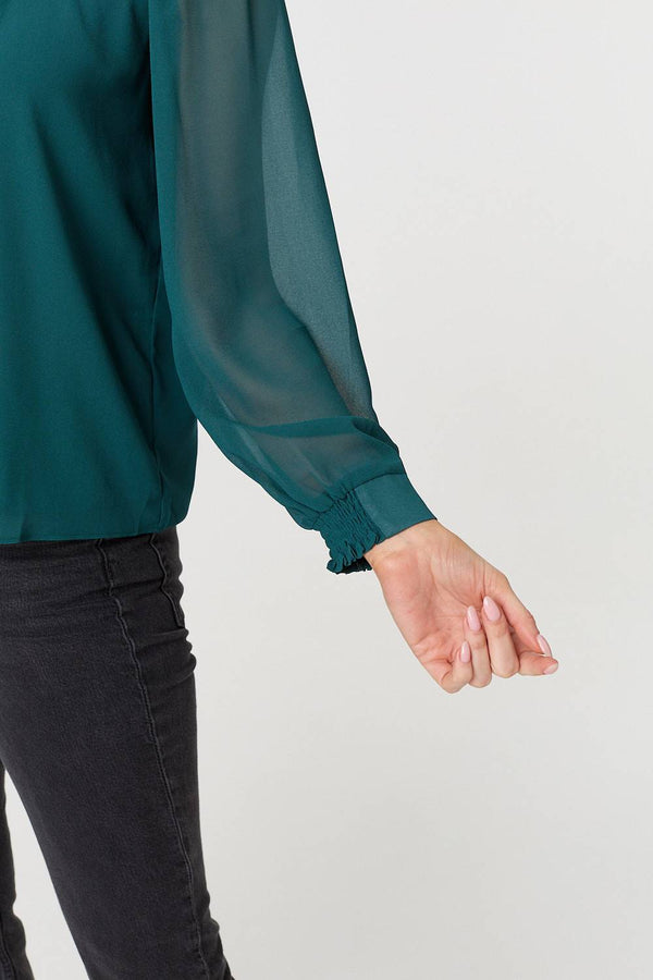Green | Sparkle Trim High Neck Semi Sheer Blouse
