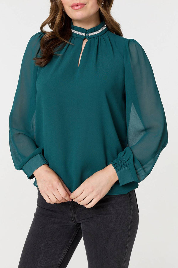Green | Sparkle Trim High Neck Semi Sheer Blouse
