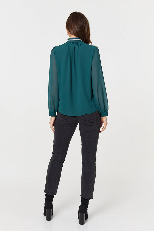 Green | Sparkle Trim High Neck Semi Sheer Blouse
