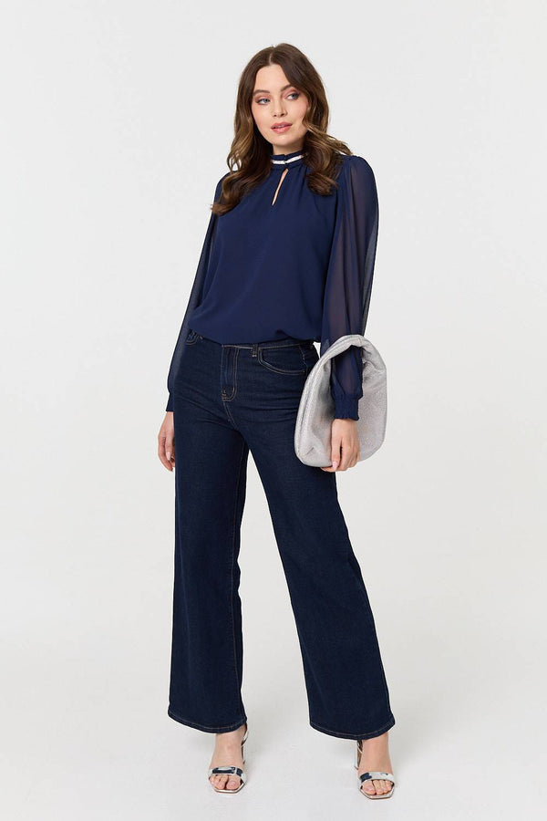 Navy | Sparkle Trim High Neck Semi Sheer Blouse