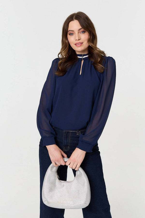 Navy | Sparkle Trim High Neck Semi Sheer Blouse