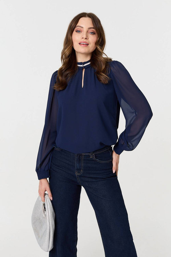 Navy | Sparkle Trim High Neck Semi Sheer Blouse : Model is 5'9"/175 cm and wears UK8/EU36/US4/AUS8