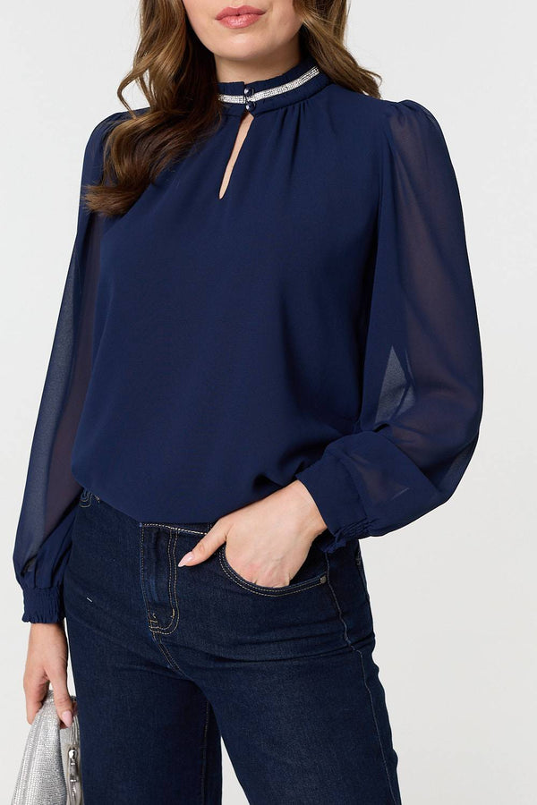 Navy | Sparkle Trim High Neck Semi Sheer Blouse