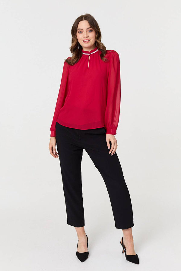Red | Sparkle Trim High Neck Semi Sheer Blouse