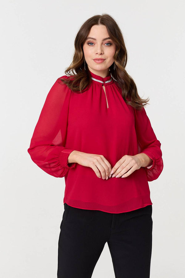 Red | Sparkle Trim High Neck Semi Sheer Blouse : Model is 5'9"/175 cm and wears UK8/EU36/US4/AUS8