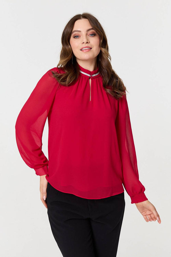 Red | Sparkle Trim High Neck Semi Sheer Blouse