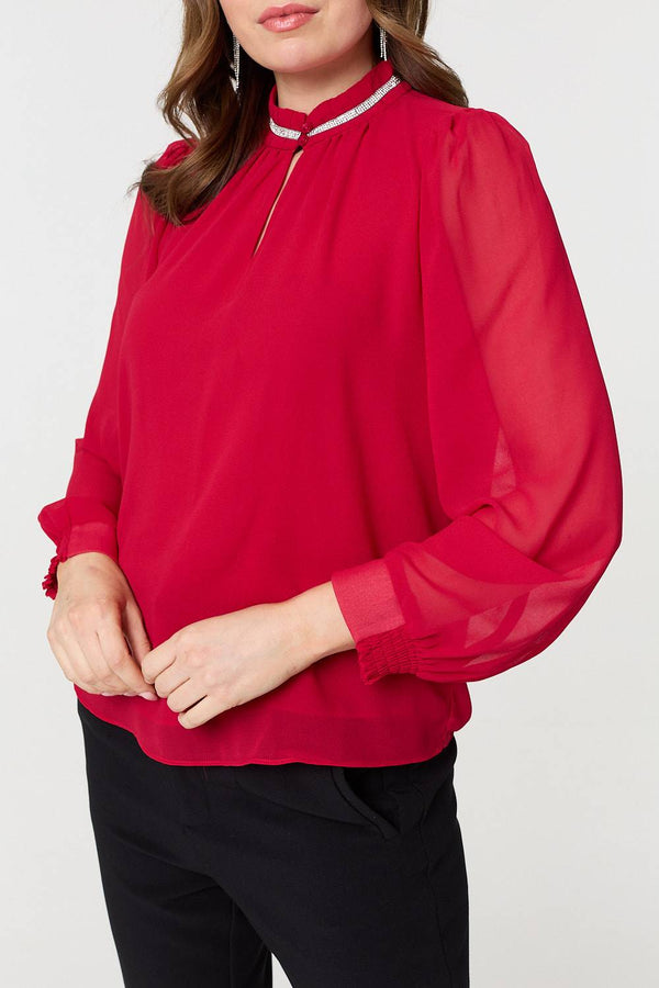 Red | Sparkle Trim High Neck Semi Sheer Blouse