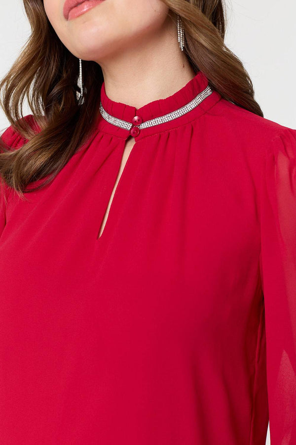 Red | Sparkle Trim High Neck Semi Sheer Blouse