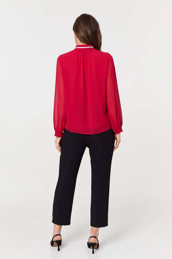 Red | Sparkle Trim High Neck Semi Sheer Blouse