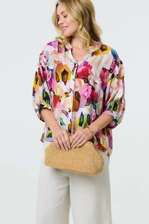Pink | Brushstroke Print 3/4 Sleeve Shirt : Model is 5'10