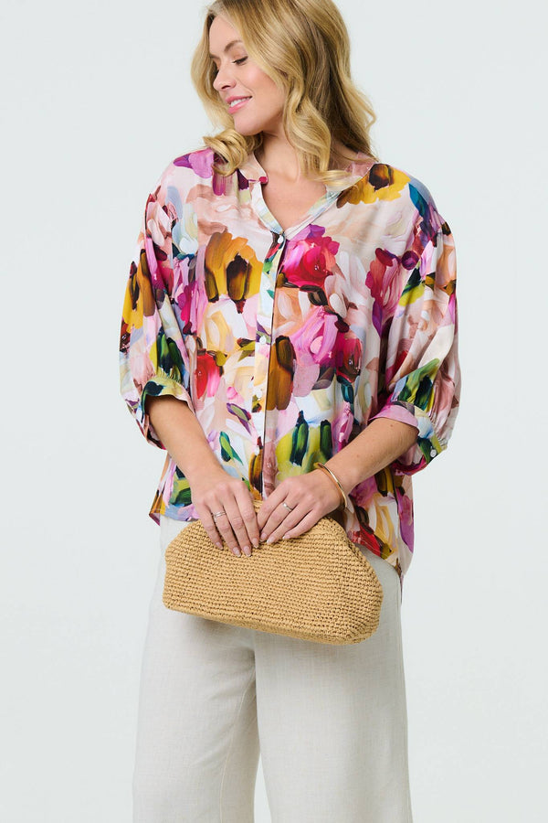 Pink | Brushstroke Print 3/4 Sleeve Shirt : Model is 5'10"/178 cm and wears UK8/EU36/US4/AUS8
