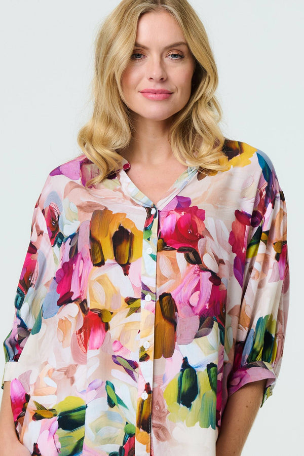 Pink | Brushstroke Print 3/4 Sleeve Shirt
