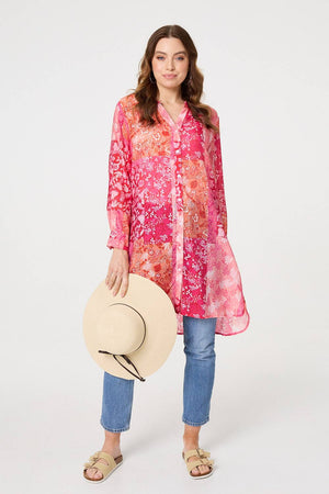 Red | Patchwork Print Semi Sheer Longline Shirt
