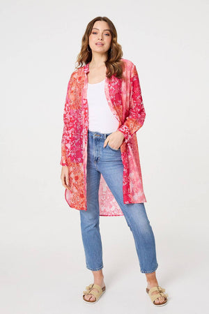 Red | Patchwork Print Semi Sheer Longline Shirt
