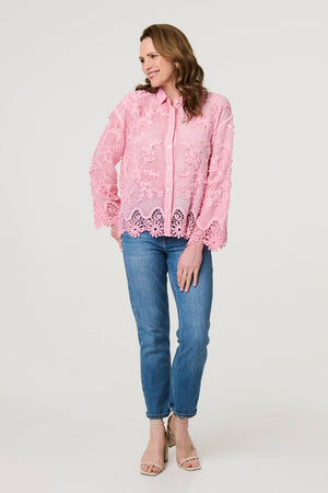 Pink | Embroidered Lace Long Sleeve Shirt
