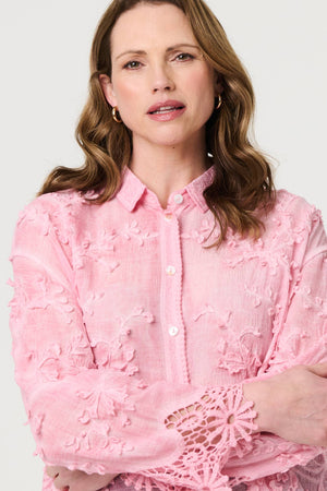 Pink | Embroidered Lace Long Sleeve Shirt
