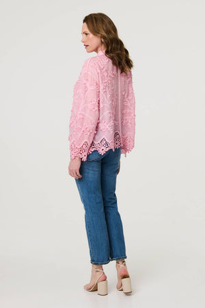 Pink | Embroidered Lace Long Sleeve Shirt
