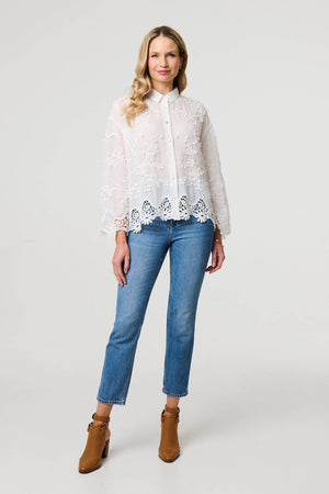 White | Embroidered Lace Long Sleeve Shirt
